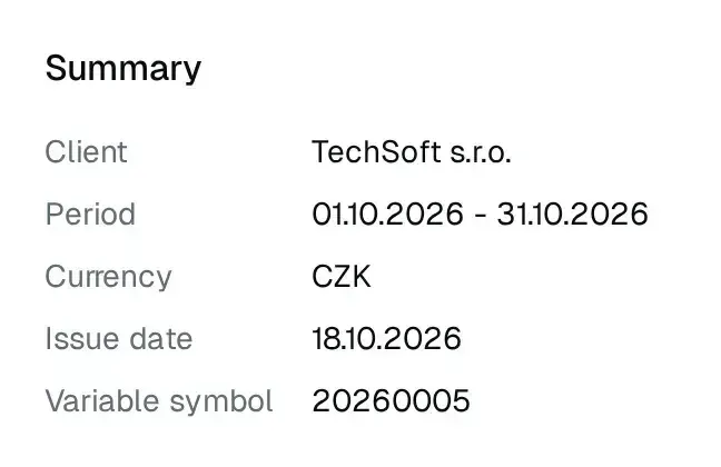 Summary of a new invoice: client TechSoft s.r.o., period October 2026, currency CZK, issue date and variable symbol.