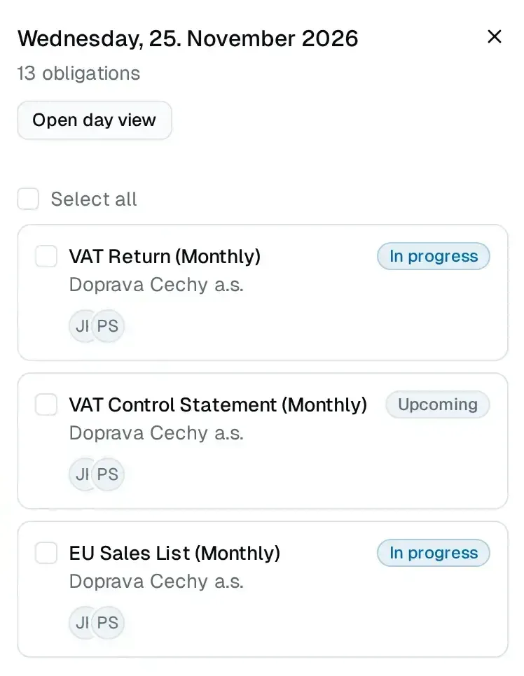 The day sheet for 25 November 2026: 13 obligations, each with its client, assigned accountants and the state In progress or Upcoming.