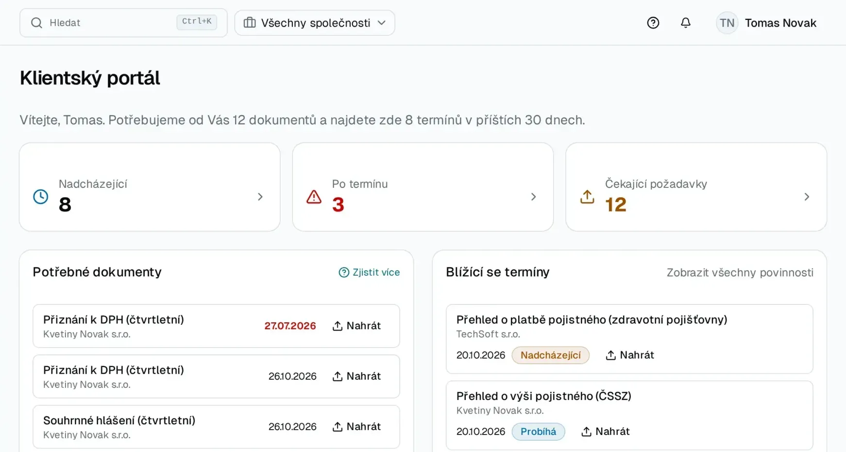Klientský portál Evidenty z pohledu klienta: 8 nadcházejících termínů, 12 čekajících požadavků a seznam Potřebné dokumenty s tlačítkem Nahrát u každé povinnosti.