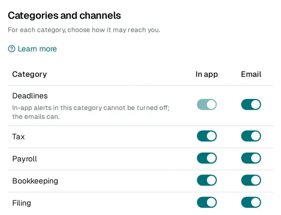 Notification settings: for the categories Deadlines, Tax, Payroll, Bookkeeping and Filing, a separate switch for the app and for e-mail.