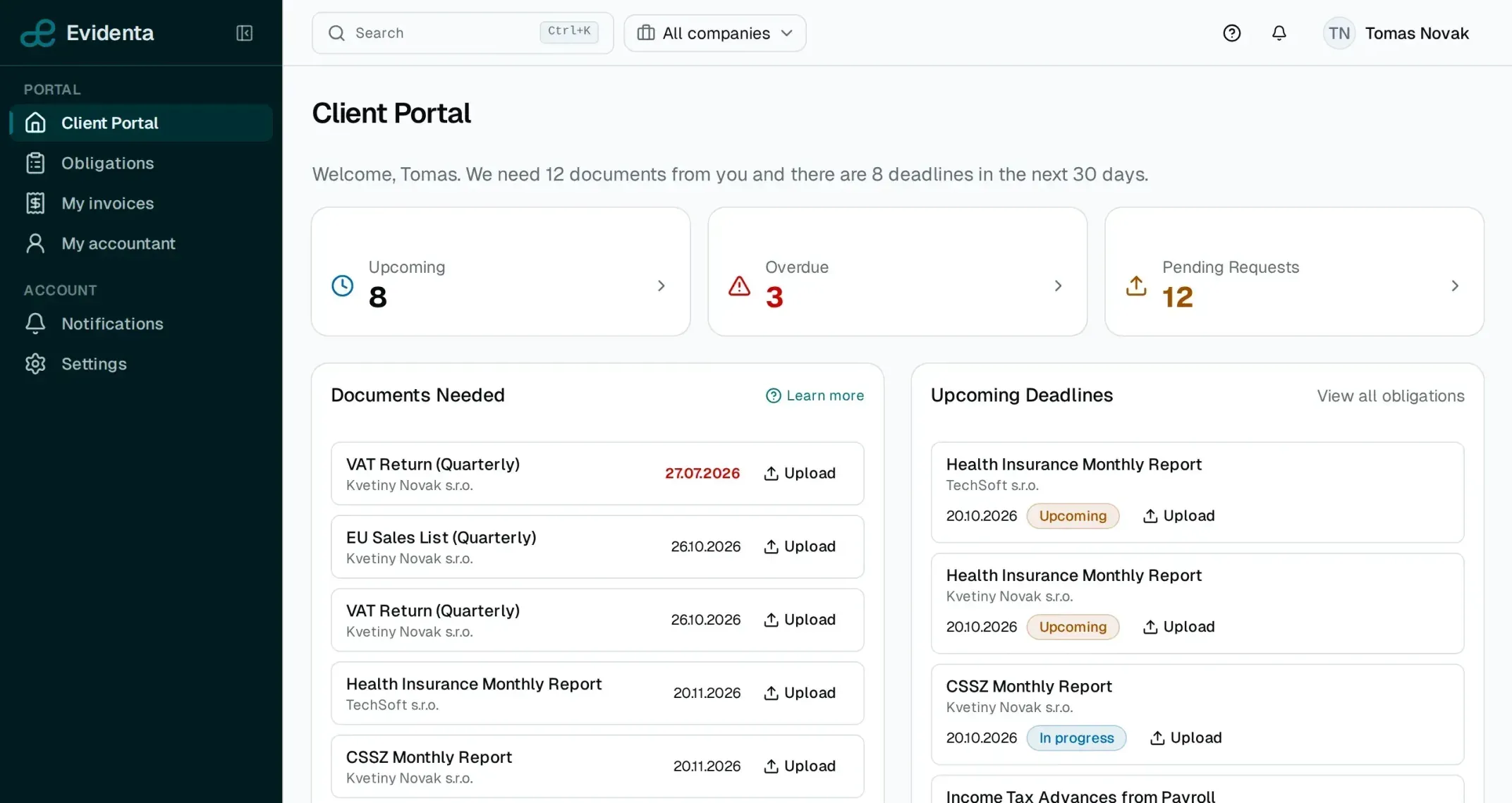 Evidenta’s client portal as the client sees it: 12 pending requests and the Documents needed list with an Upload button for each obligation.