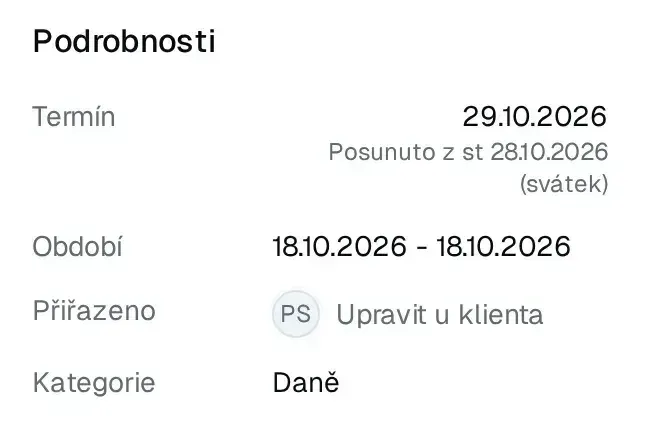 Detail povinnosti: termín 29. 10. 2026, automaticky posunutý ze státního svátku 28. října.