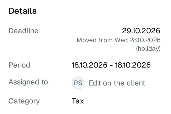 Obligation details: deadline 29 Oct 2026, moved automatically off the 28 October public holiday.