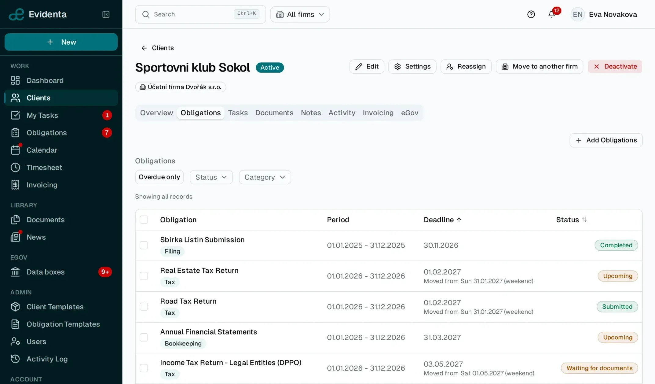One client’s obligations in Evidenta: a table with period, deadline and state — Completed, Upcoming, Submitted, Waiting for documents; deadlines moved because of a weekend are marked.